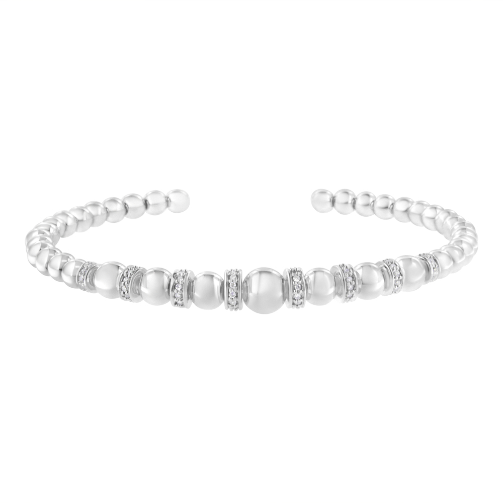 Sterling Silver 1/4 Ct Diamond Rondelle Graduated Ball Bead Cuff Bangle Bracelet